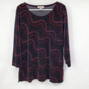 Notations‎ Black and Red Shimmer Dotted Velvety 3/4 Sleeve Blouse Shirt 1X